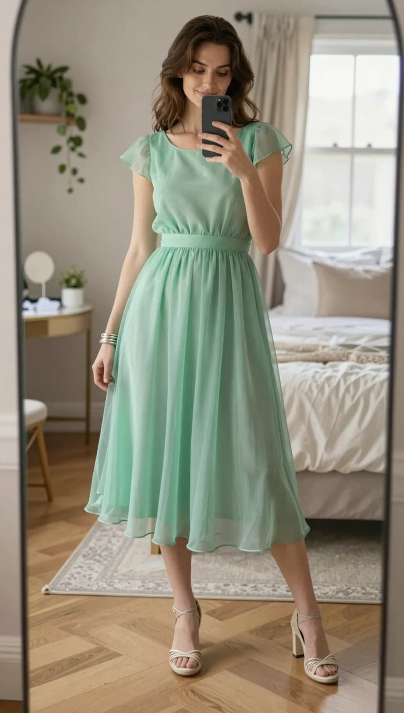 Mint Chiffon Midi Dress + White Strappy Heels