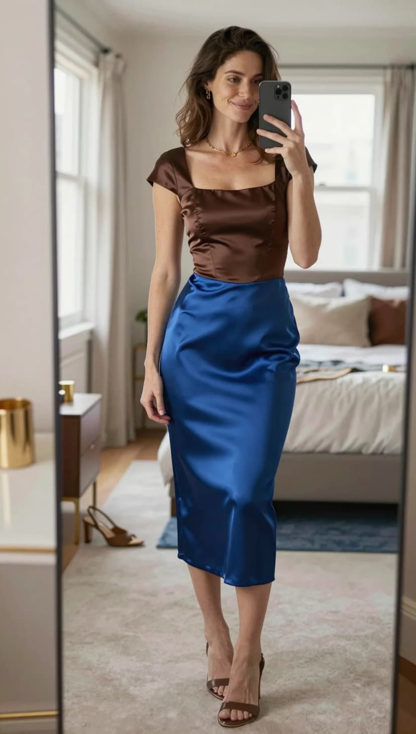 Brown Satin Corset Top + Royal Blue Satin Midi Skirt + Brown Strappy Heels