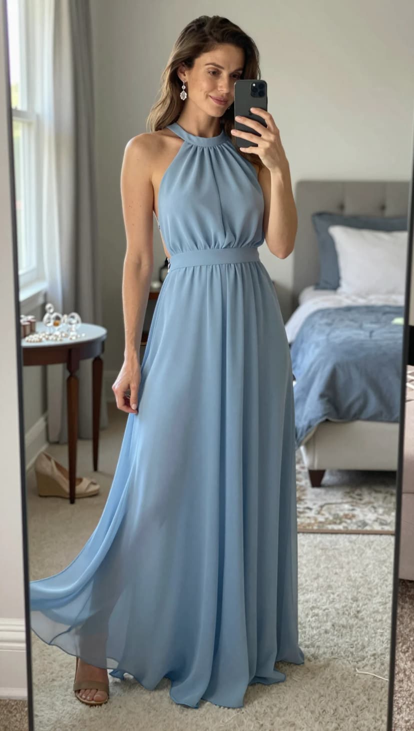 Dusty Blue Chiffon Halter Maxi Dress + Nude Strap Heels + Crystal Drop Earrings