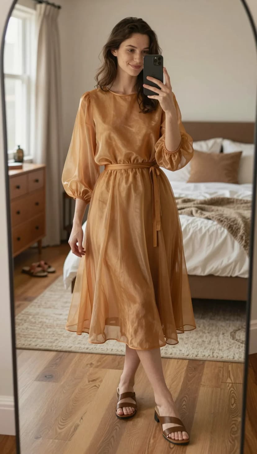 Gold Organza Puff Sleeve Midi Dress + Brown Leather Slide Sandals
