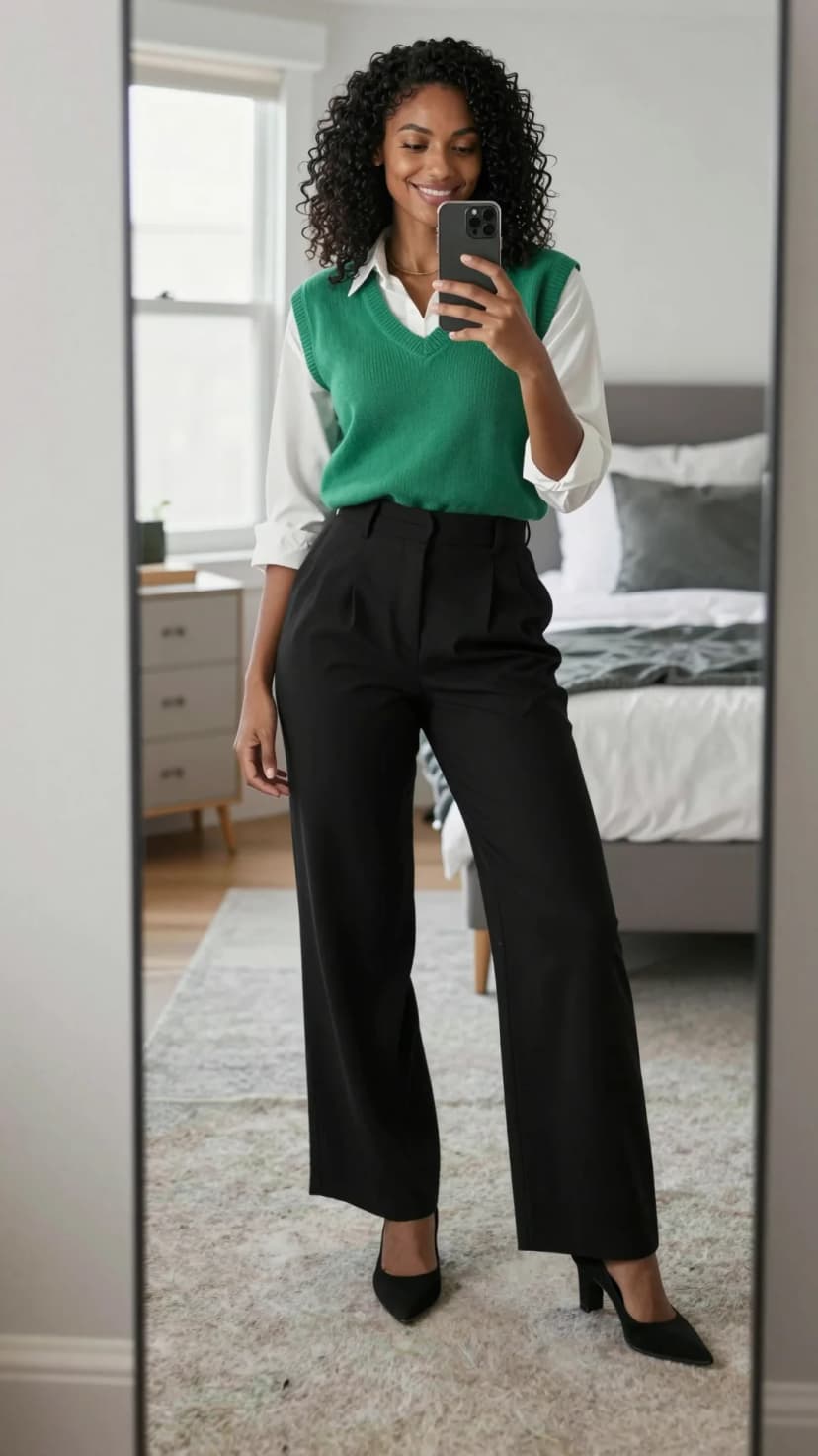 White Button-Down Shirt + Green Knit Vest + Black Wide-Leg Trousers + Black Pointed-Toe Heels
