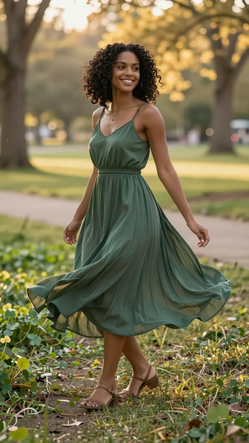 Sage Chiffon Midi Dress + Brown Block Heel Sandals