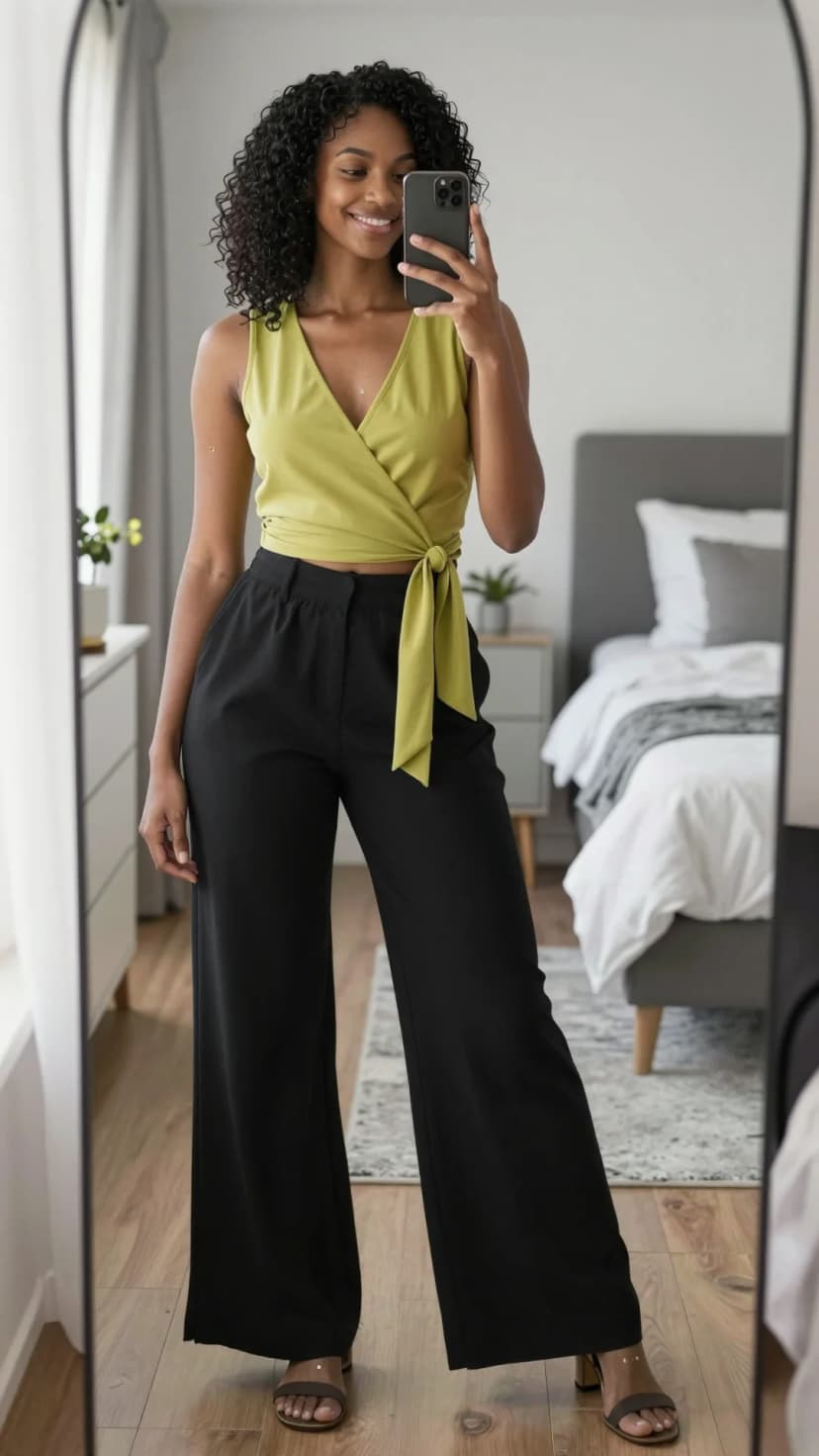 Lime Linen Blend Wrap Top + Black Wide-Leg Trousers + Brown Block Heel Sandals