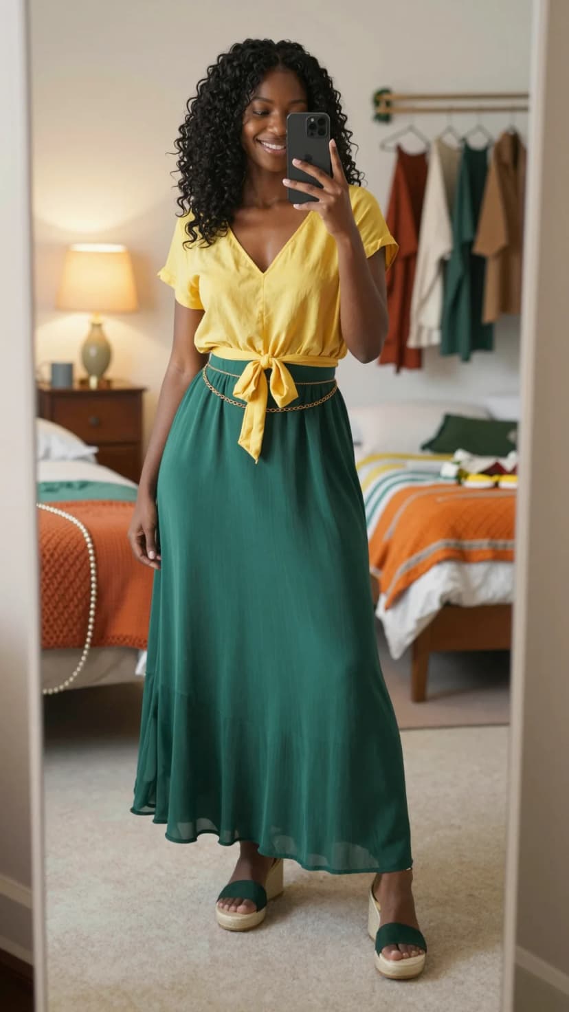 Yellow Linen Blend Tie-Front Top + Emerald Chiffon Maxi Skirt + Gold Chain Belt + Green Suede Wedge Sandals