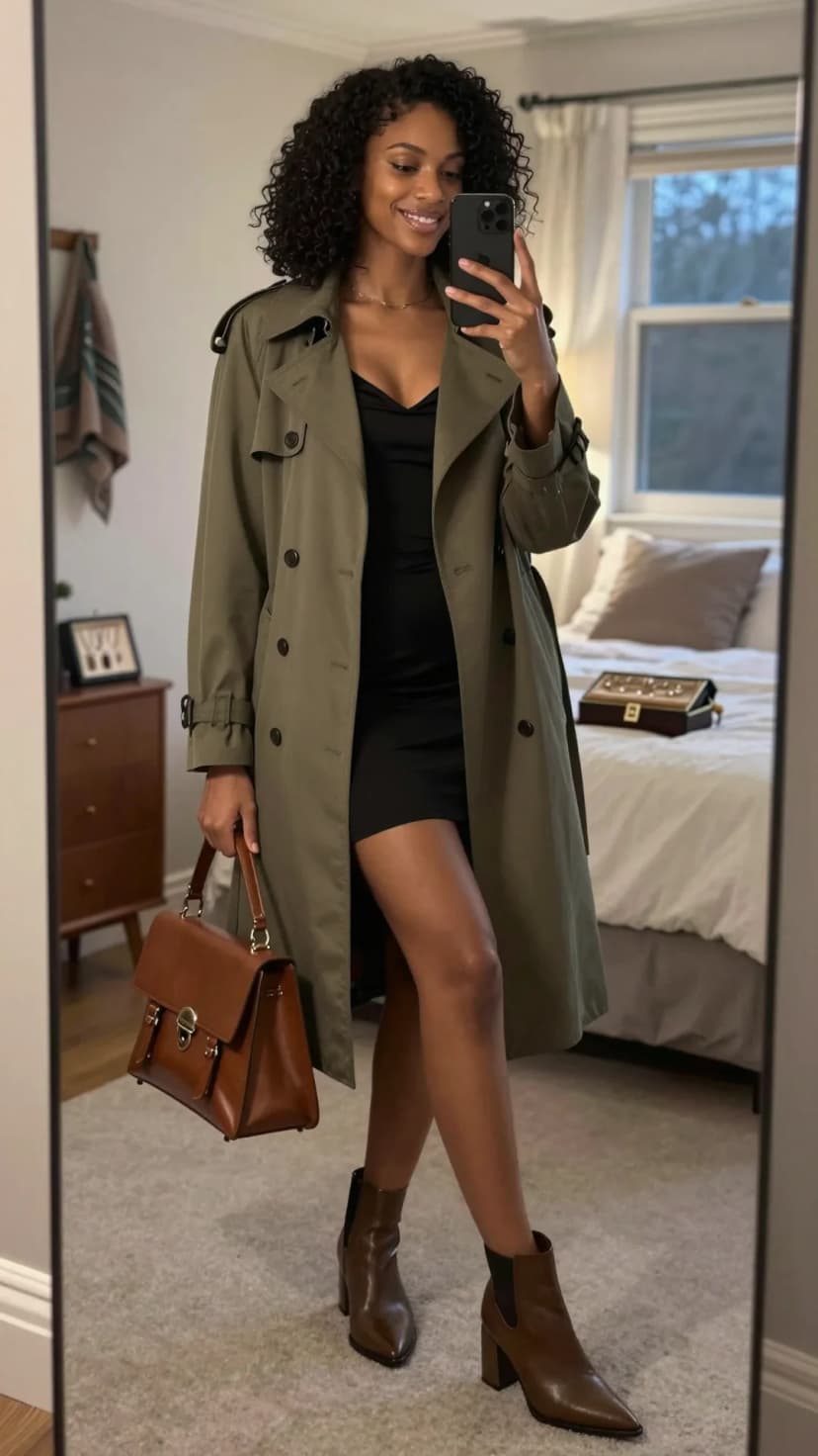 Olive Trench Coat + Black Slip Dress + Brown Leather Boots