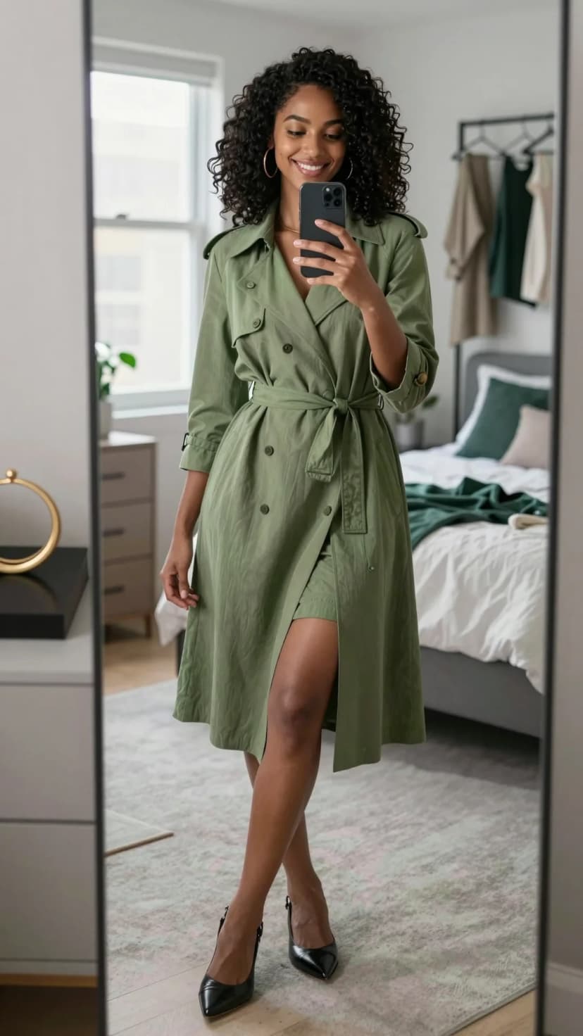 Olive Cotton Trench Dress + Black Leather Pointed-Toe Pumps