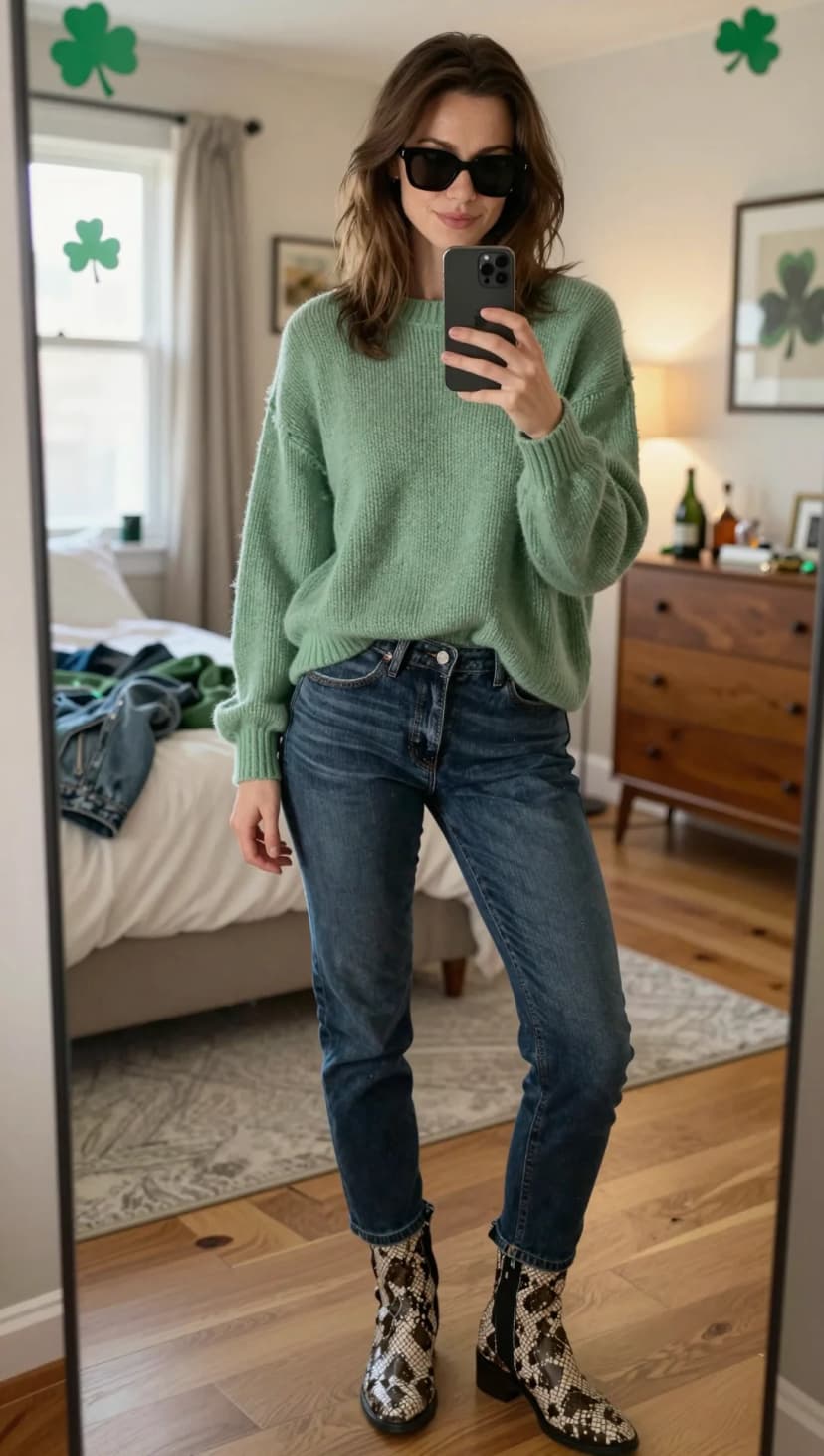 Mint Green Knit Sweater + Blue Wash Straight Leg Jeans + Black and White Snake Print Ankle Boots