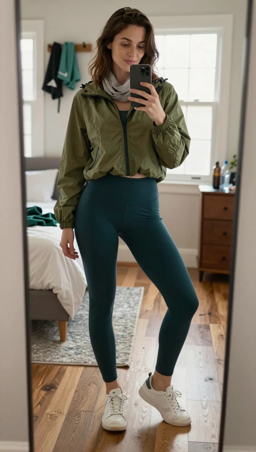 Olive Nylon Windbreaker + Teal High-Waisted Leggings + Grey Bandana + White Sneakers