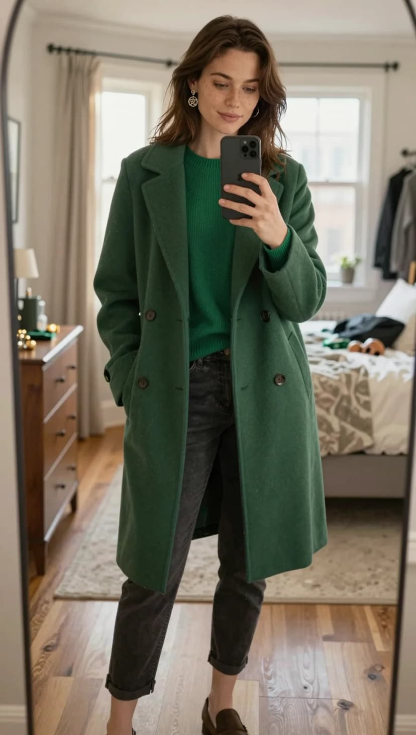 Forest Green Wool Coat + Emerald Green Knit Sweater + Charcoal Denim Jeans + Brown Leather Loafers