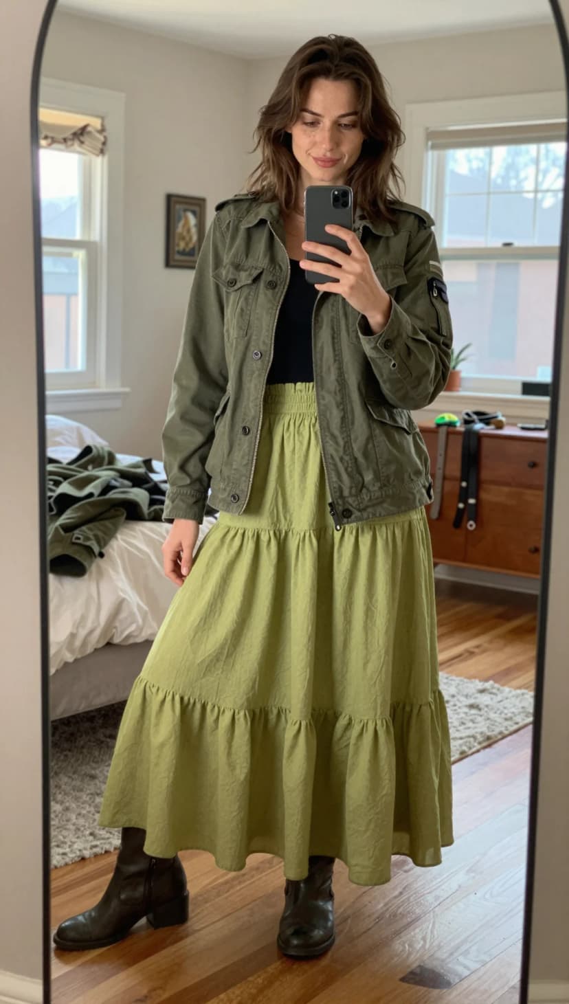 Olive Utility Jacket + Black Tank Top + Light Green Tiered Maxi Skirt + Dark Brown Leather Boots
