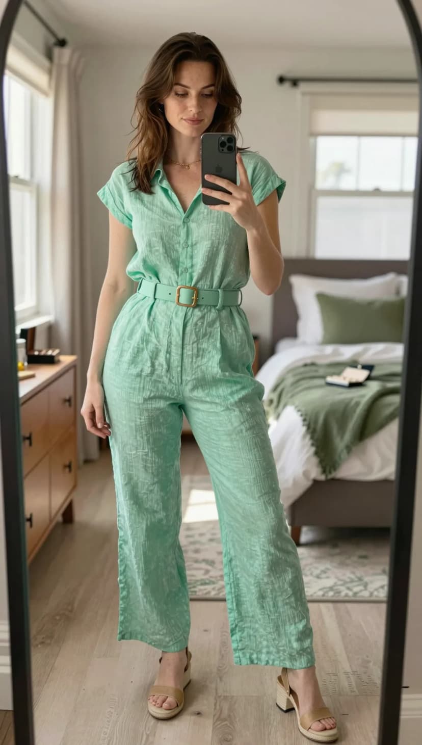Mint Crinkled Button-Down Jumpsuit + Mint Belt + Tan Wedge Espadrilles