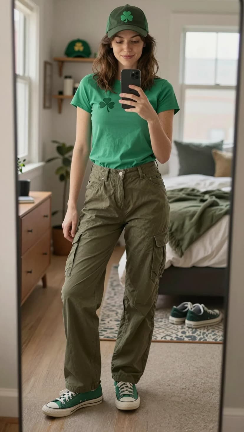 Green Shamrock Graphic Tee + Olive Cargo Pants + Green Canvas Sneakers