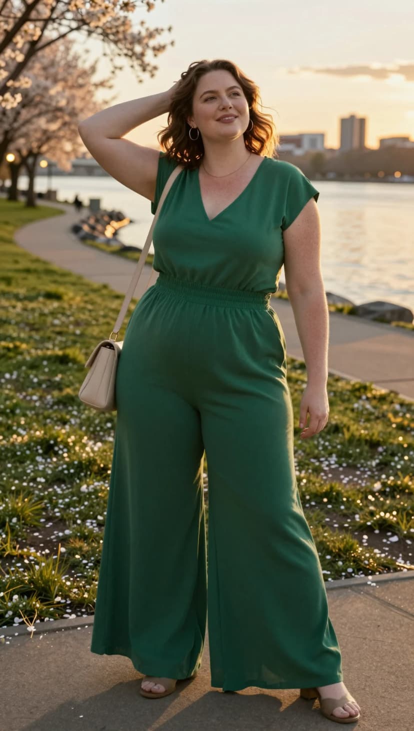 Green Jersey Wide-Leg Jumpsuit + Beige Crossbody Bag + Tan Slide Sandals