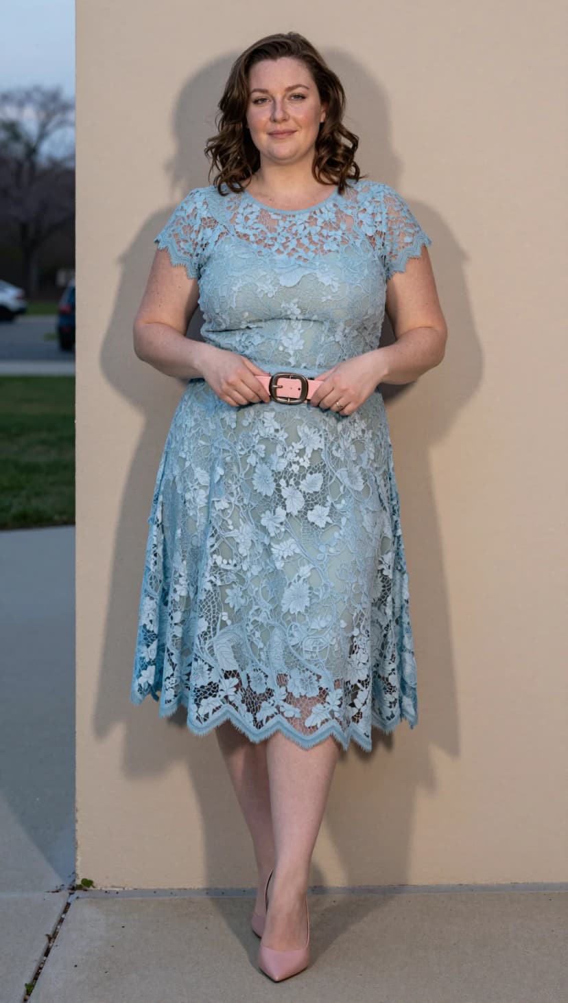 Baby Blue Lace Midi Dress + Pink Leather Belt + Blush Pink Heels