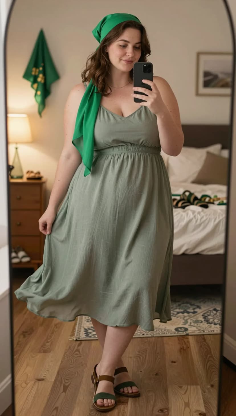 Sage Gauze Midi Dress + Green Silk Scarf + Brown and Green Leather Sandals