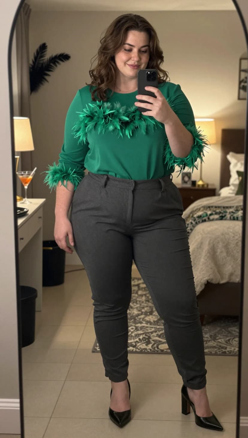 Green Feather Trim Long Sleeve Top + Charcoal Grey Tailored Trousers + Black Patent Pointed Toe Heels