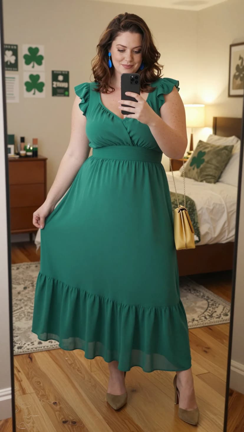 Emerald Chiffon Ruffle Maxi Dress + Taupe Suede Heels + Gold Clutch