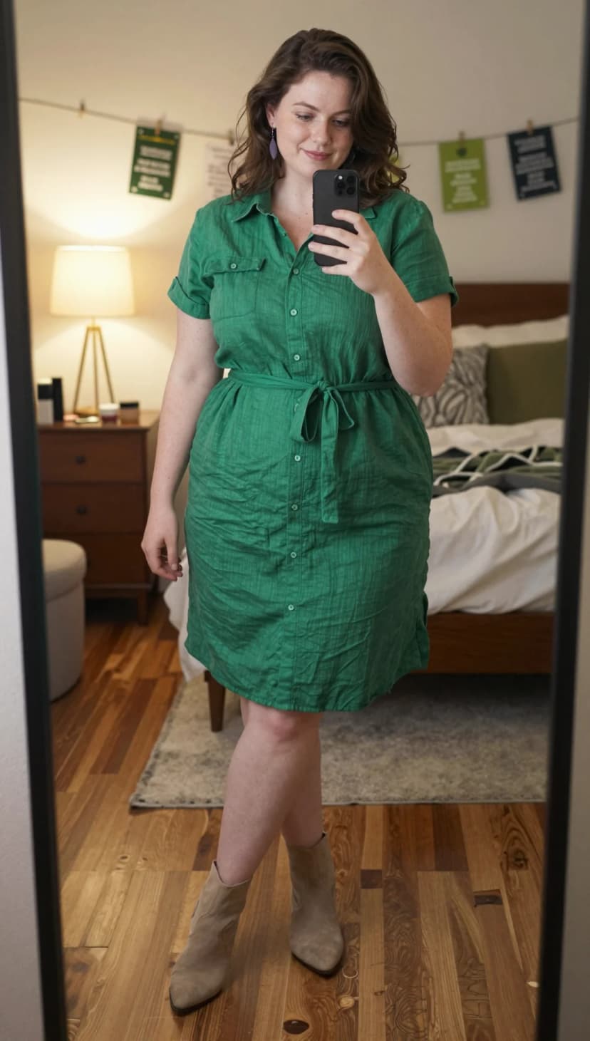 Green Linen Shirt Dress + Taupe Suede Ankle Boots