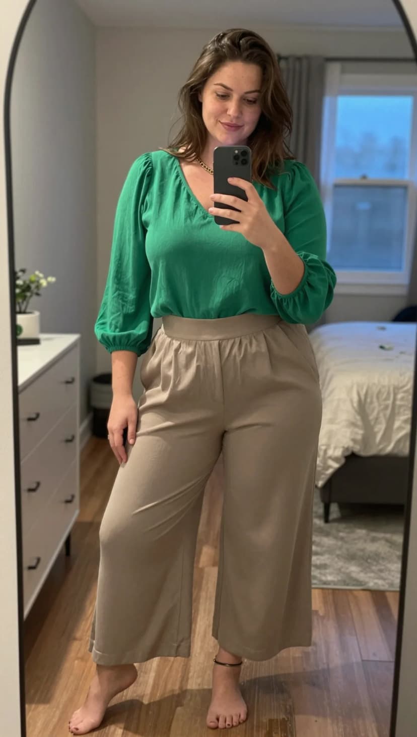 Green Puff Sleeve Blouse + Taupe Wide-Leg Trousers