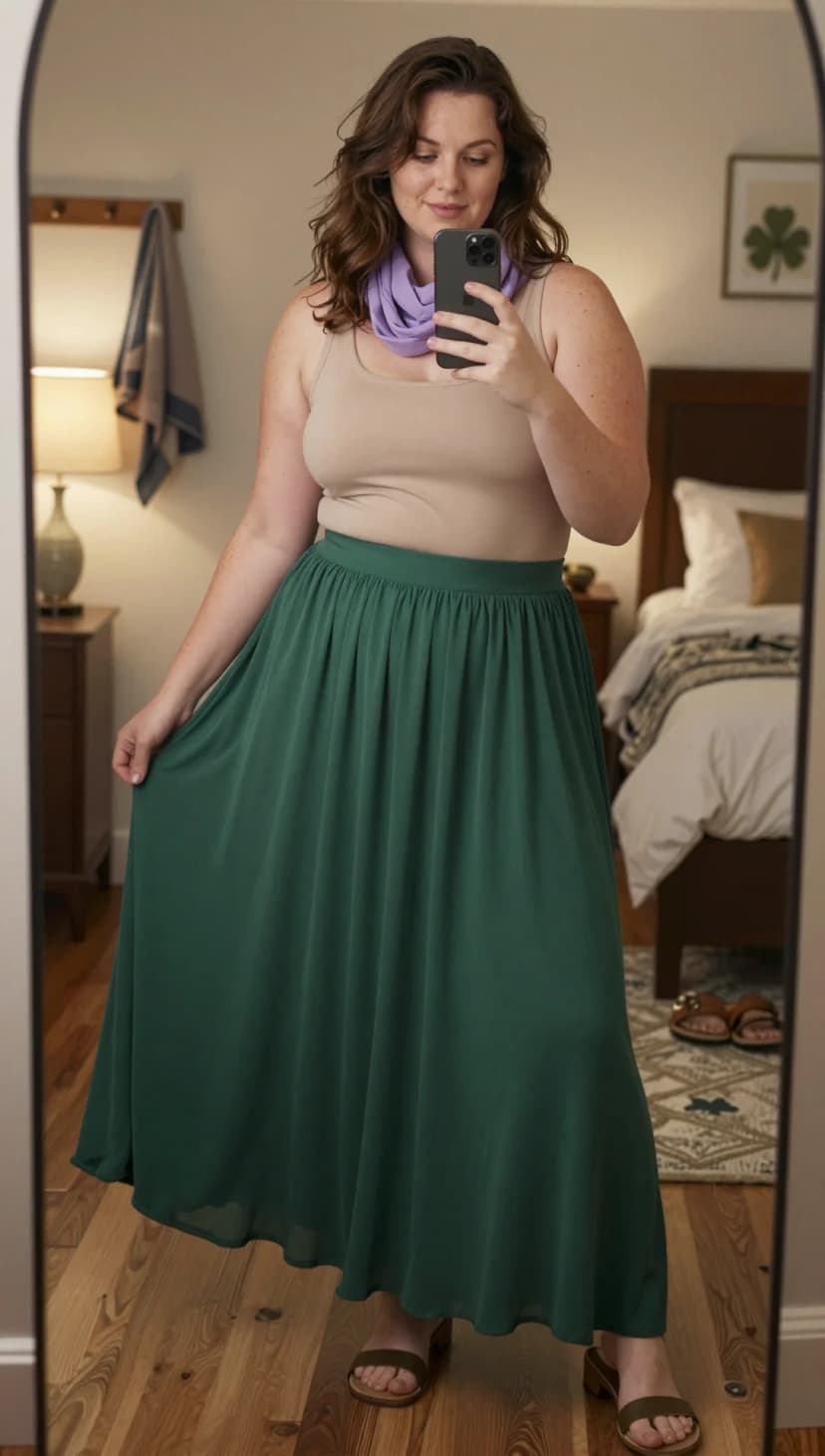 Tan Tank Top + Green Chiffon Maxi Skirt + Lavender Scarf + Olive Block Heel Sandals