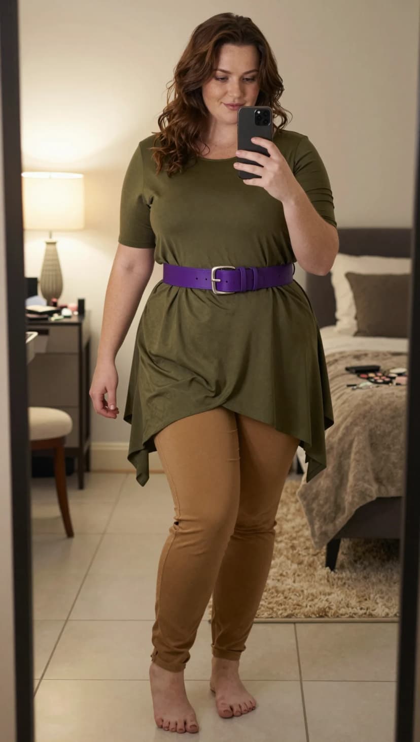 Olive Tunic Top + Tan Leggings + Purple Belt