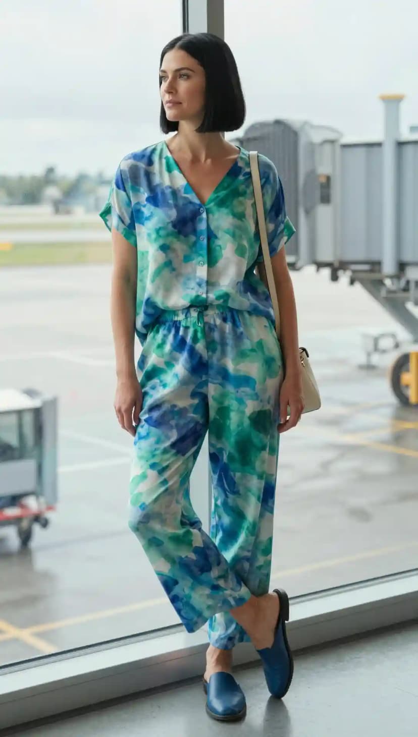 Watercolor Print Button-Up Shirt + Matching Wide-Leg Pants