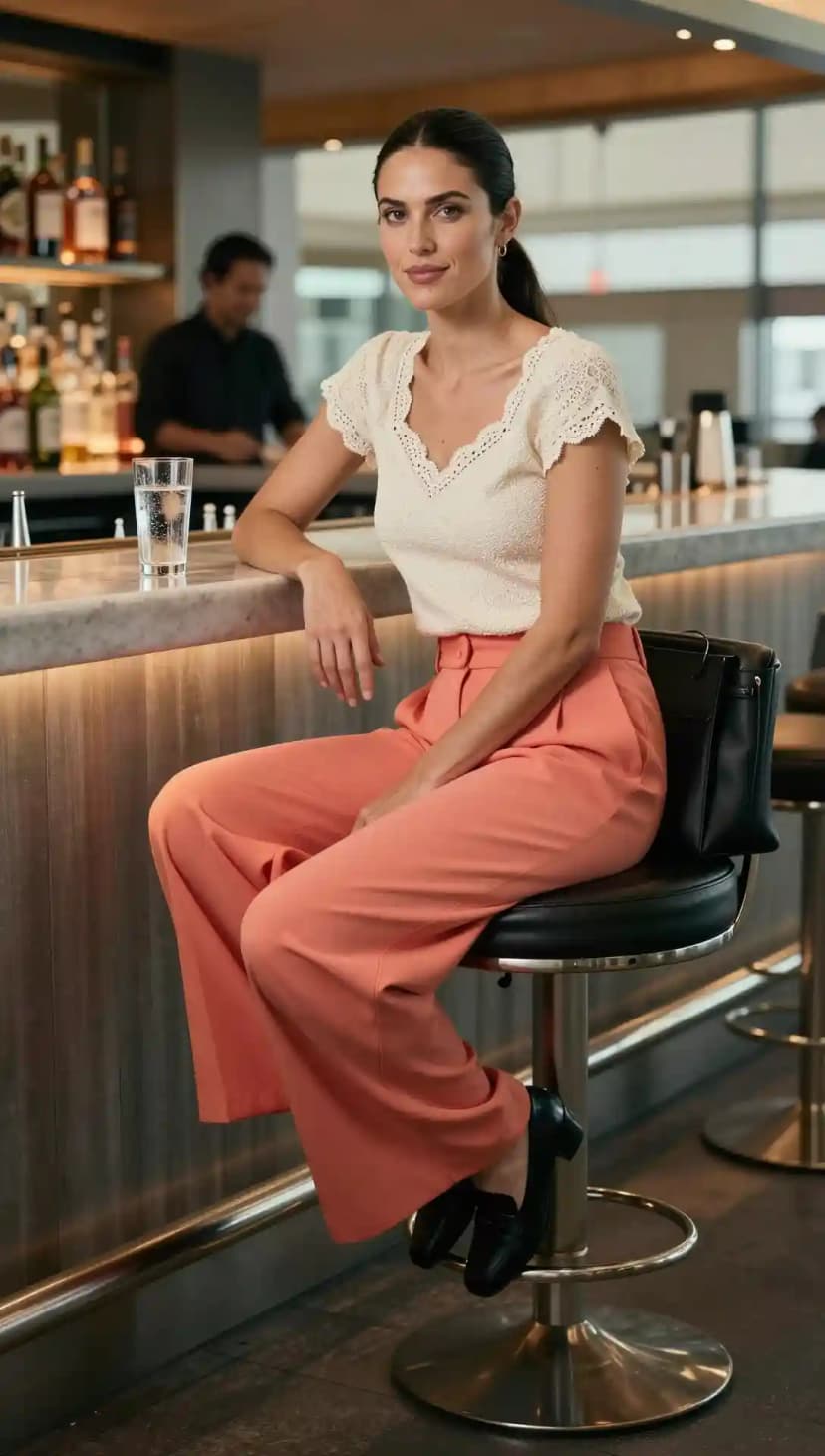 Cream Lace Top + Coral Wide-Leg Trousers + Black Loafers