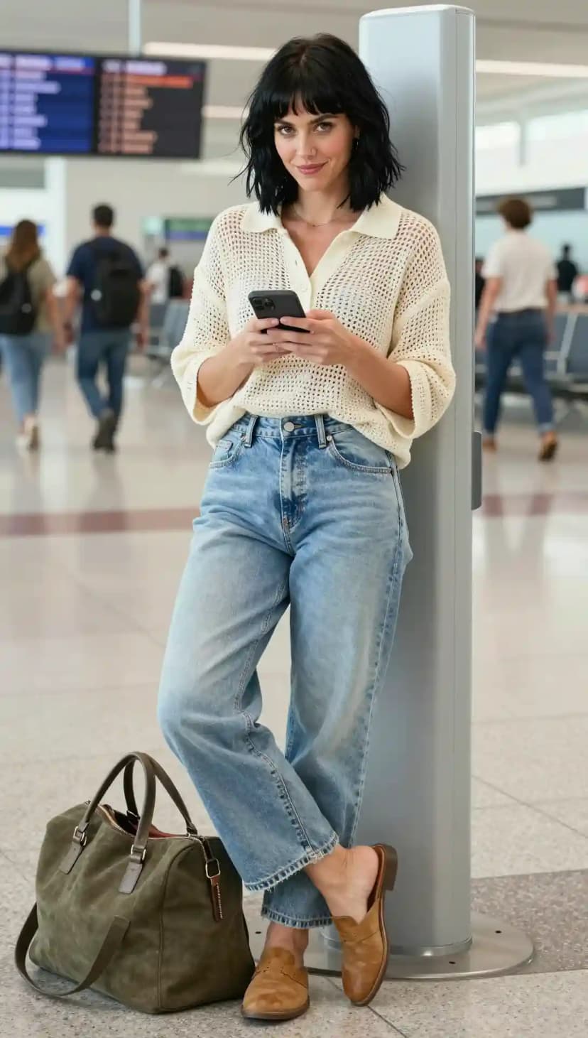 Cream Knit Polo Sweater + Light Wash Wide Leg Jeans + Tan Suede Mules