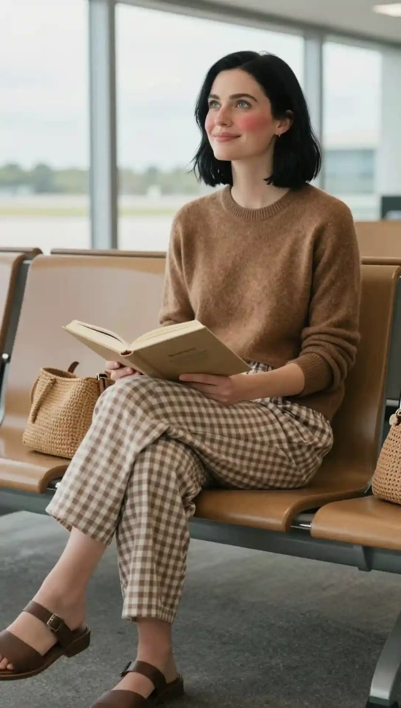 Brown Knit Sweater + Brown and White Gingham Pants