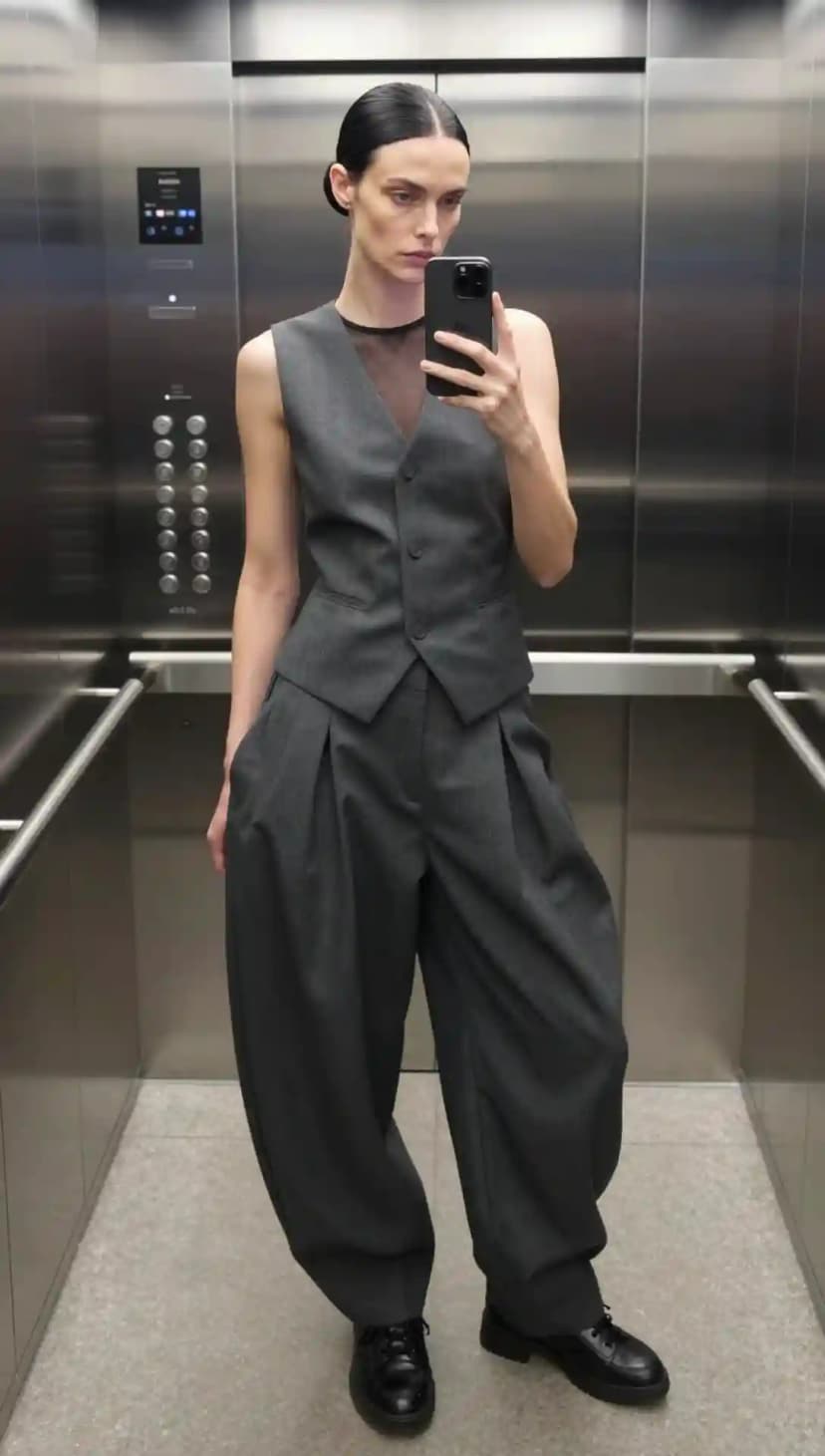 Grey Vest + Sheer Panel Top + Wide Leg Trousers + Black Oxfords