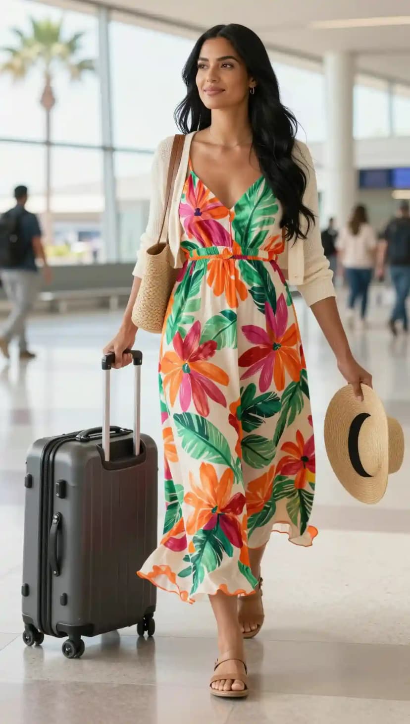 Floral Maxi Dress + Cream Cardigan + Straw Tote Bag