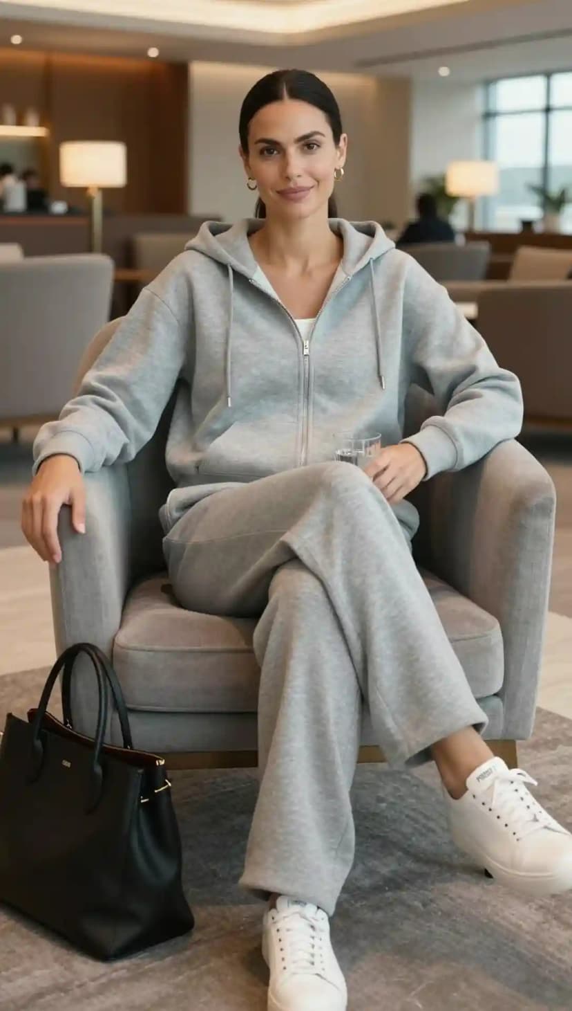 Grey Zip-Up Hoodie + Grey Wide-Leg Sweatpants + White Tank Top