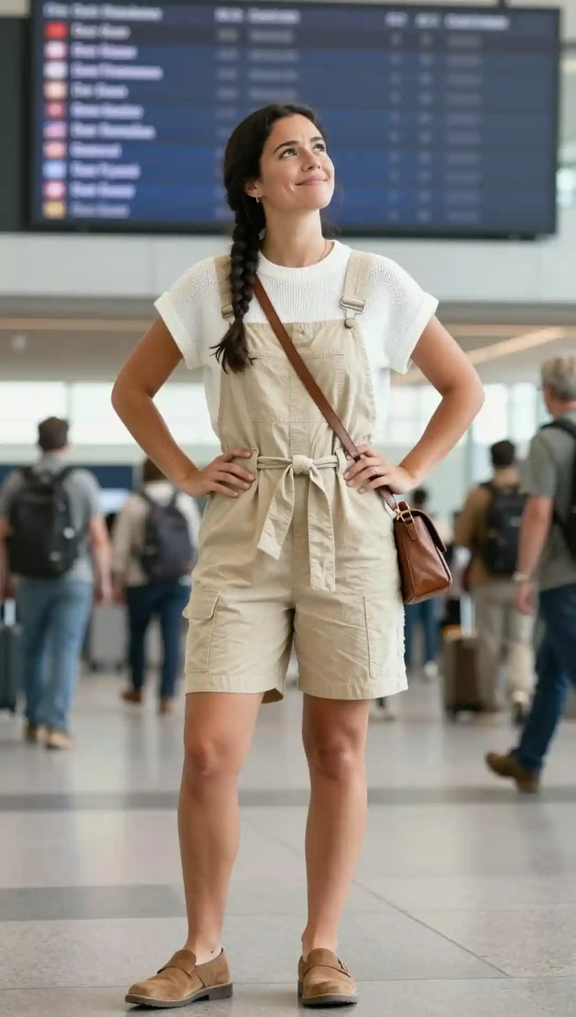 Beige Short Overalls + White Mesh Top + Brown Crossbody Bag
