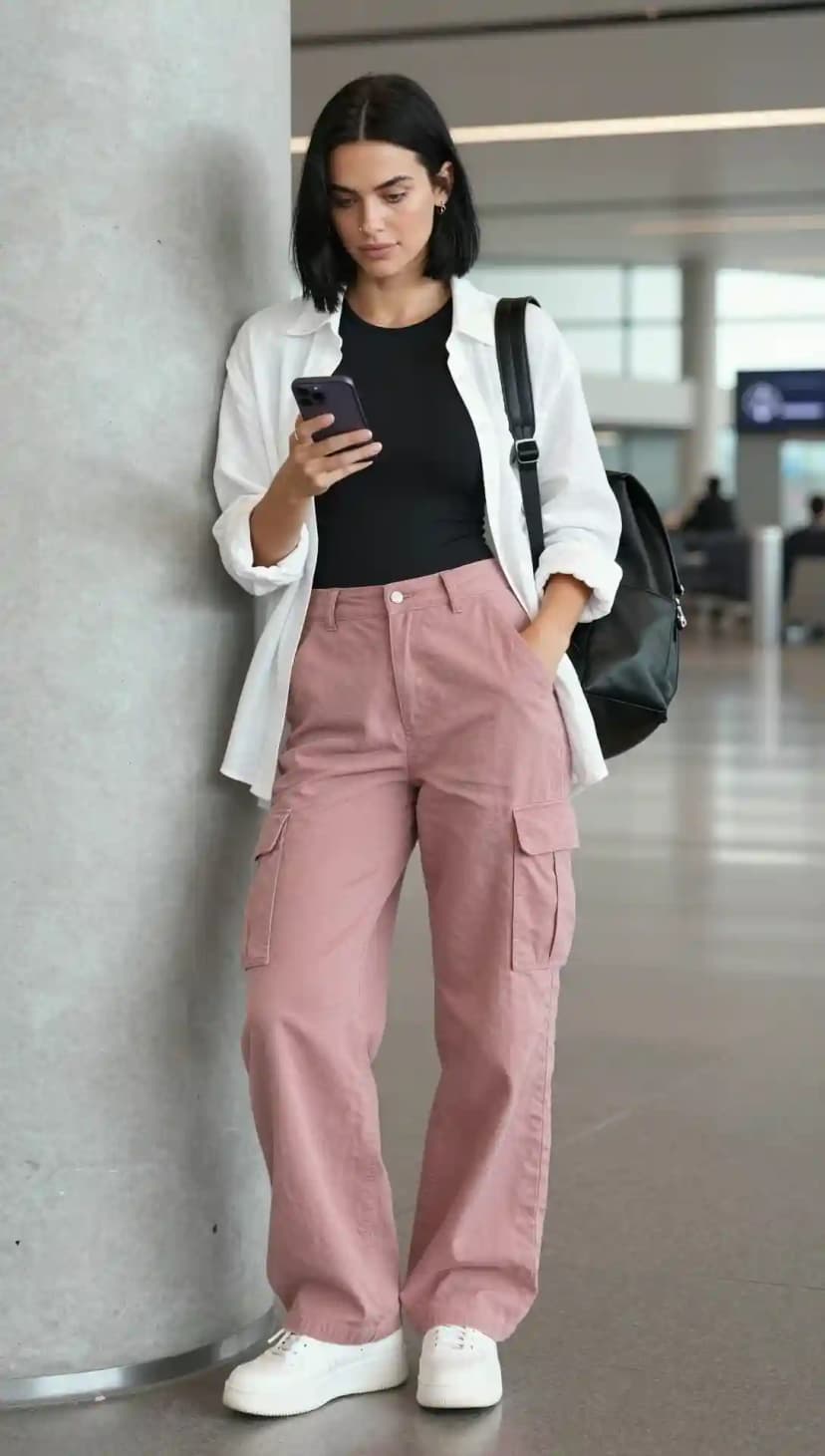 Black Bodysuit + White Oversized Shirt + Dusty Rose Cargo Pants