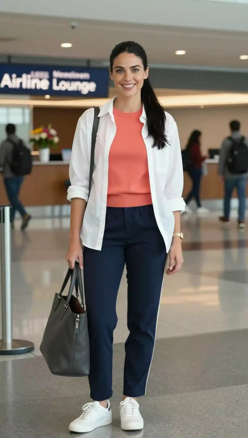 White Oversized Shirt + Coral Crewneck Sweater + Navy Track Pants