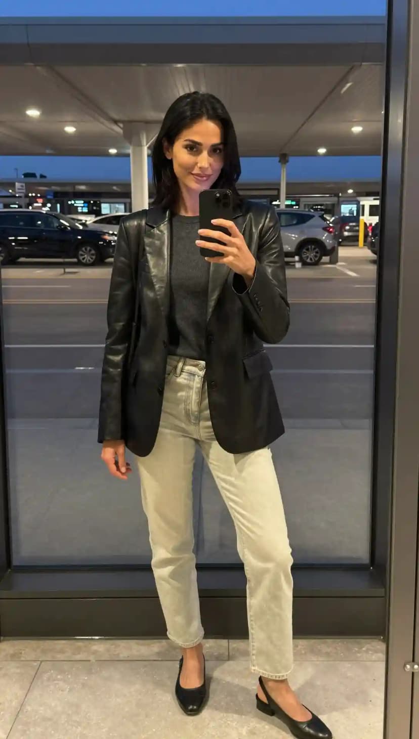 Black Leather Blazer + Grey Knit Top + Light Wash Jeans + Black Slingbacks