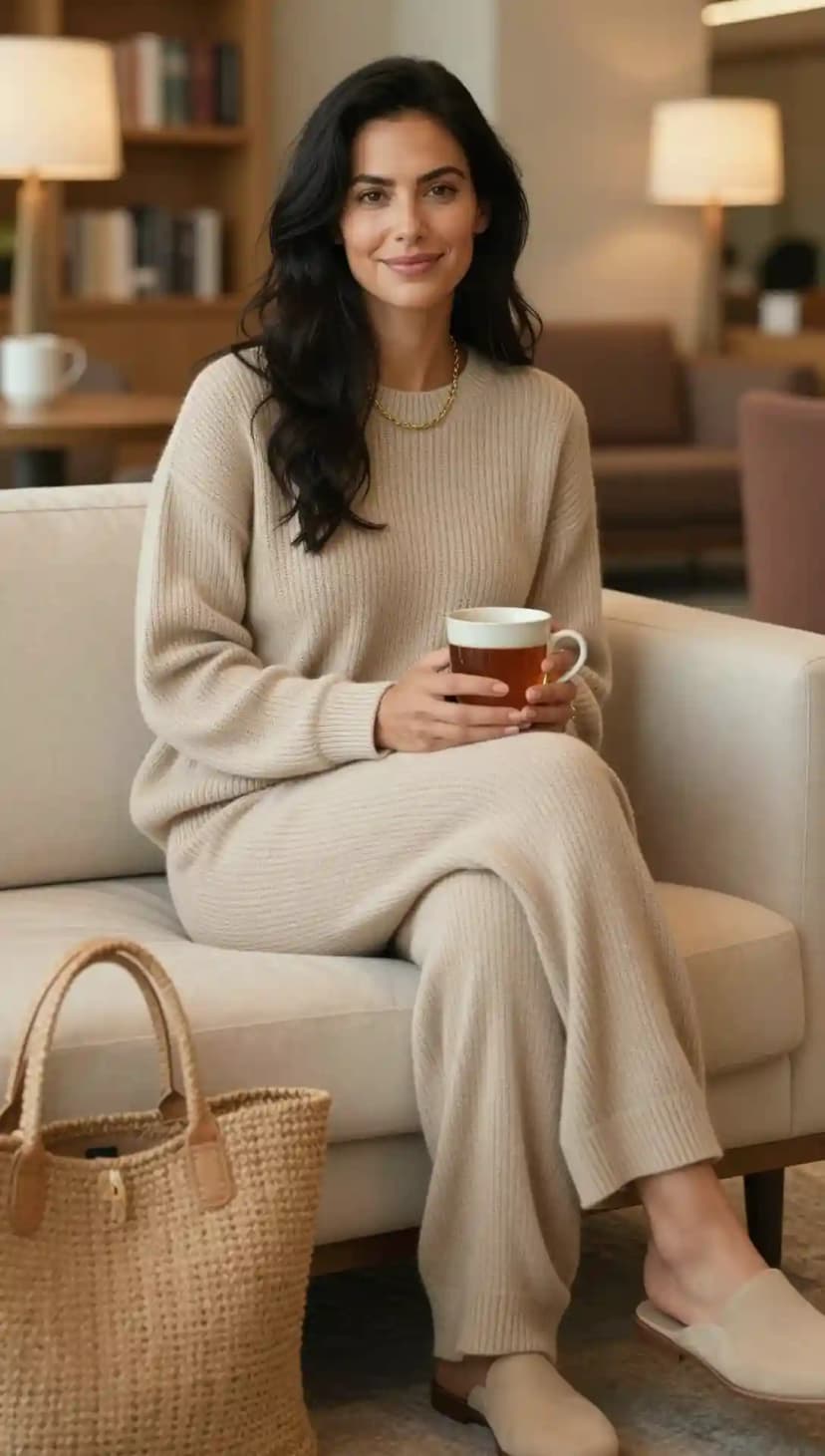 Cream Knit Sweater + Cream Knit Wide-Leg Pants + Gold Chain Necklace