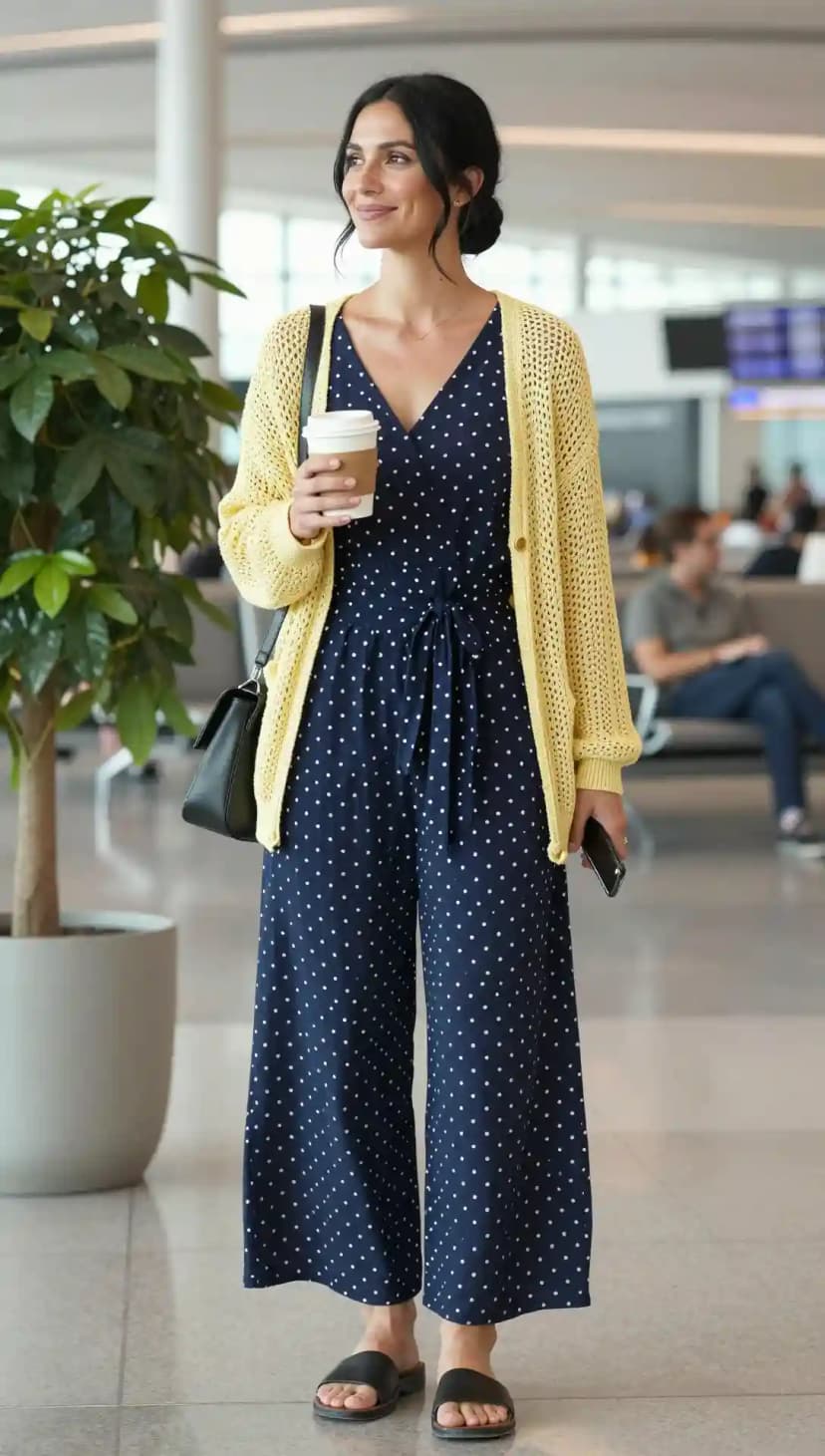 Navy Polka Dot Jumpsuit + Yellow Crochet Cardigan + Black Slides