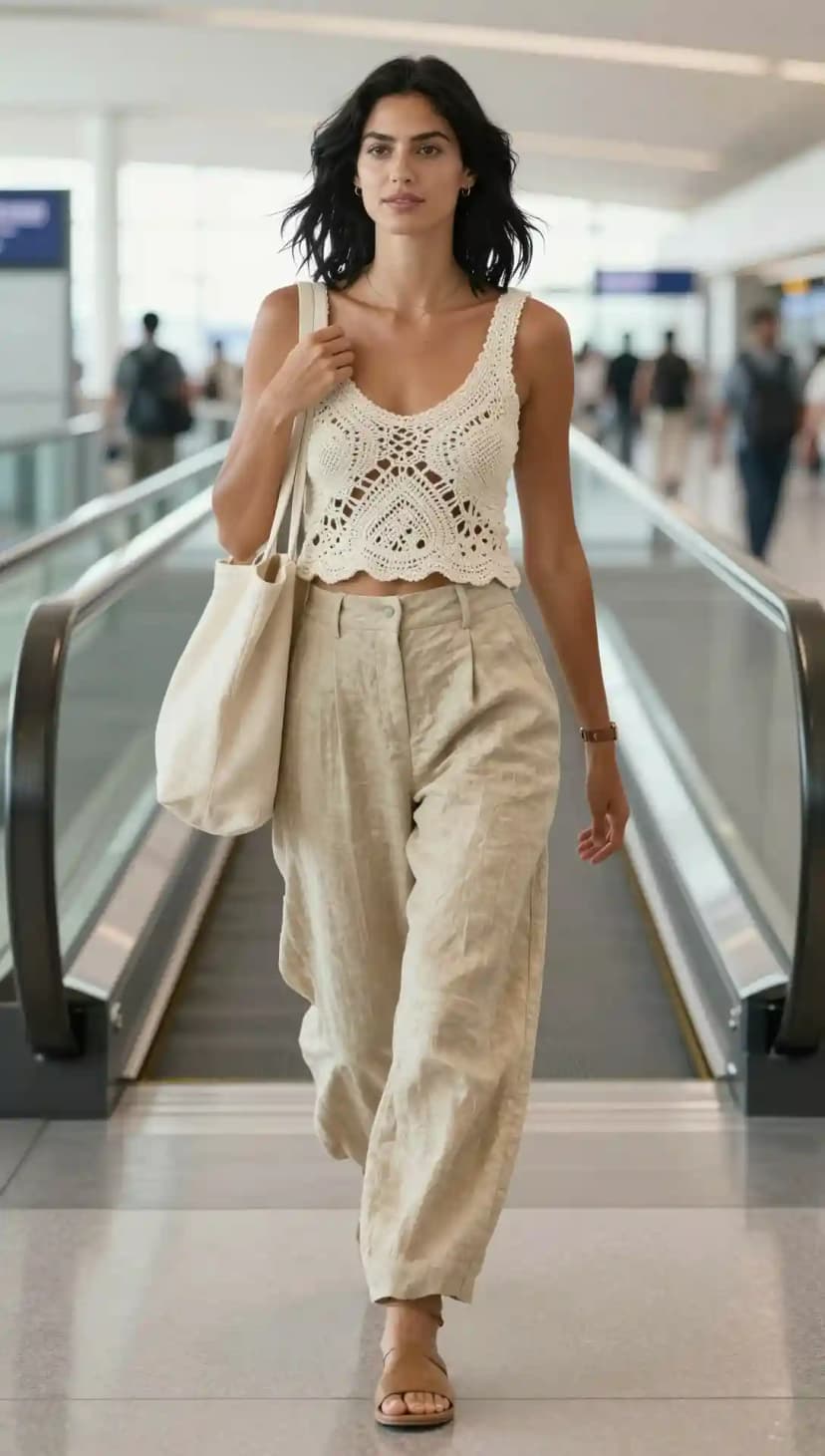 Cream Crochet Tank Top + Linen Wide-Leg Pants