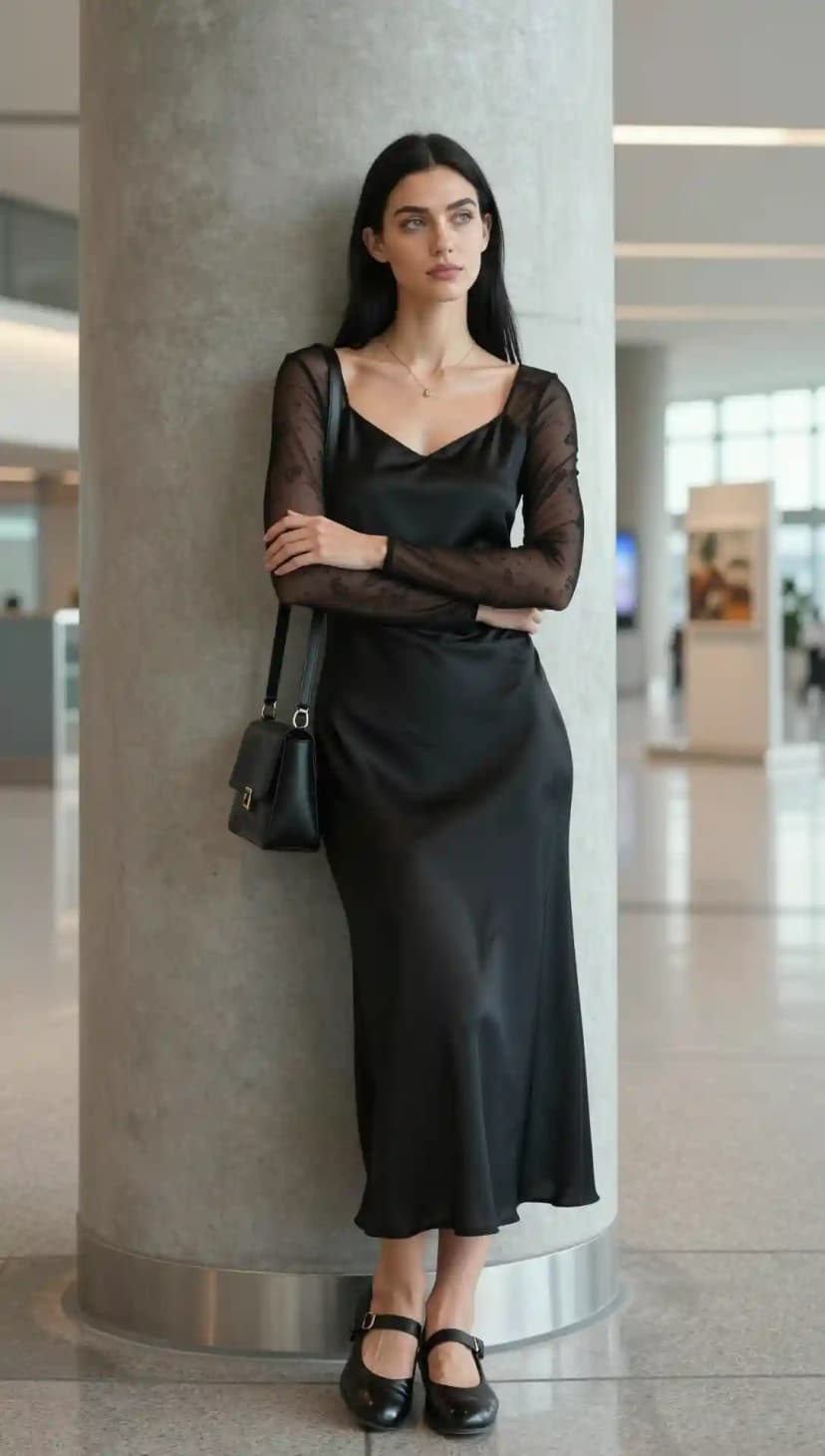 Black Satin Slip Dress + Sheer Embellished Long Sleeves + Black Mary Janes + Black Shoulder Bag