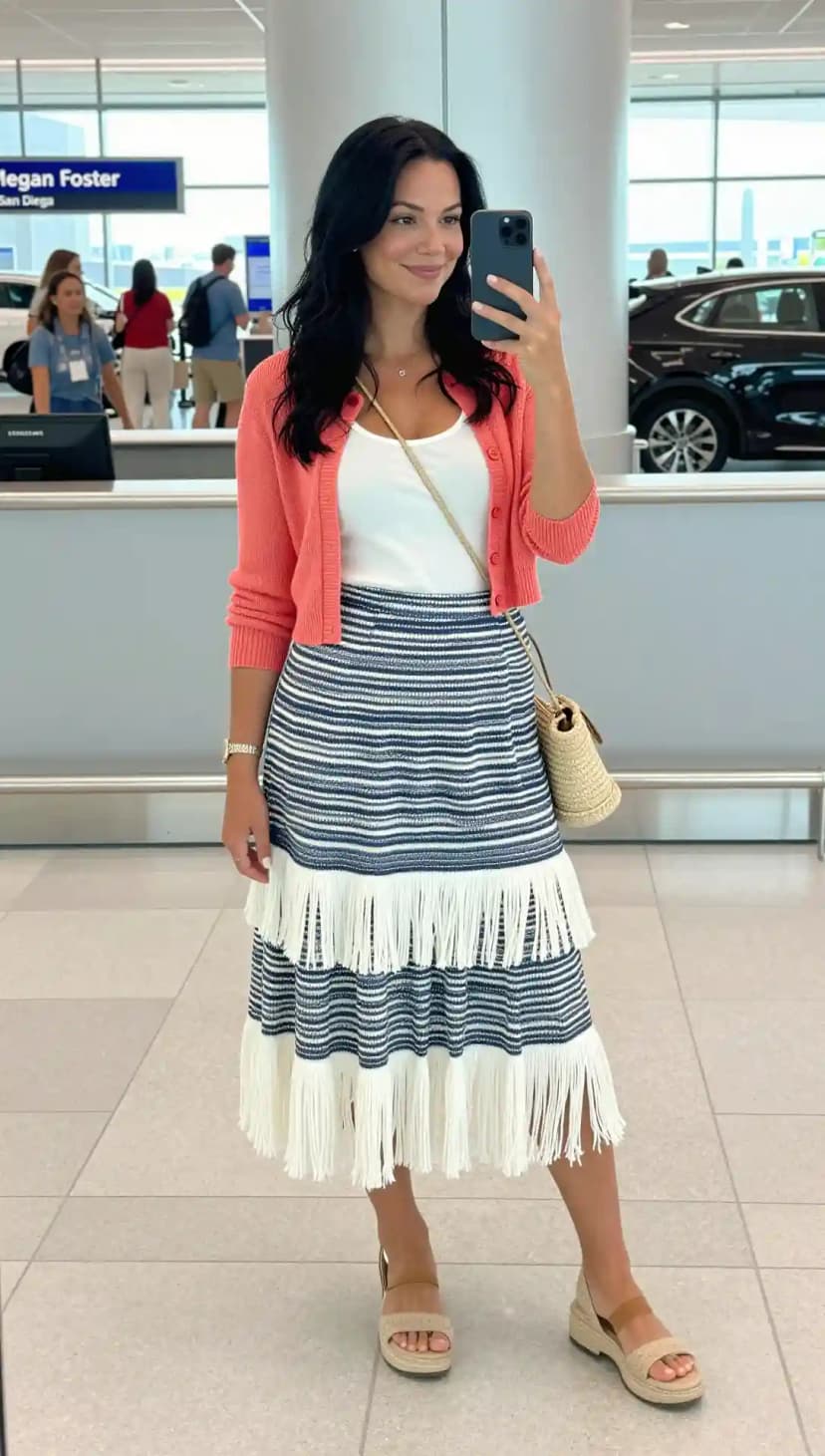 Coral Cropped Cardigan + White Tank Top + Striped Fringe Midi Skirt