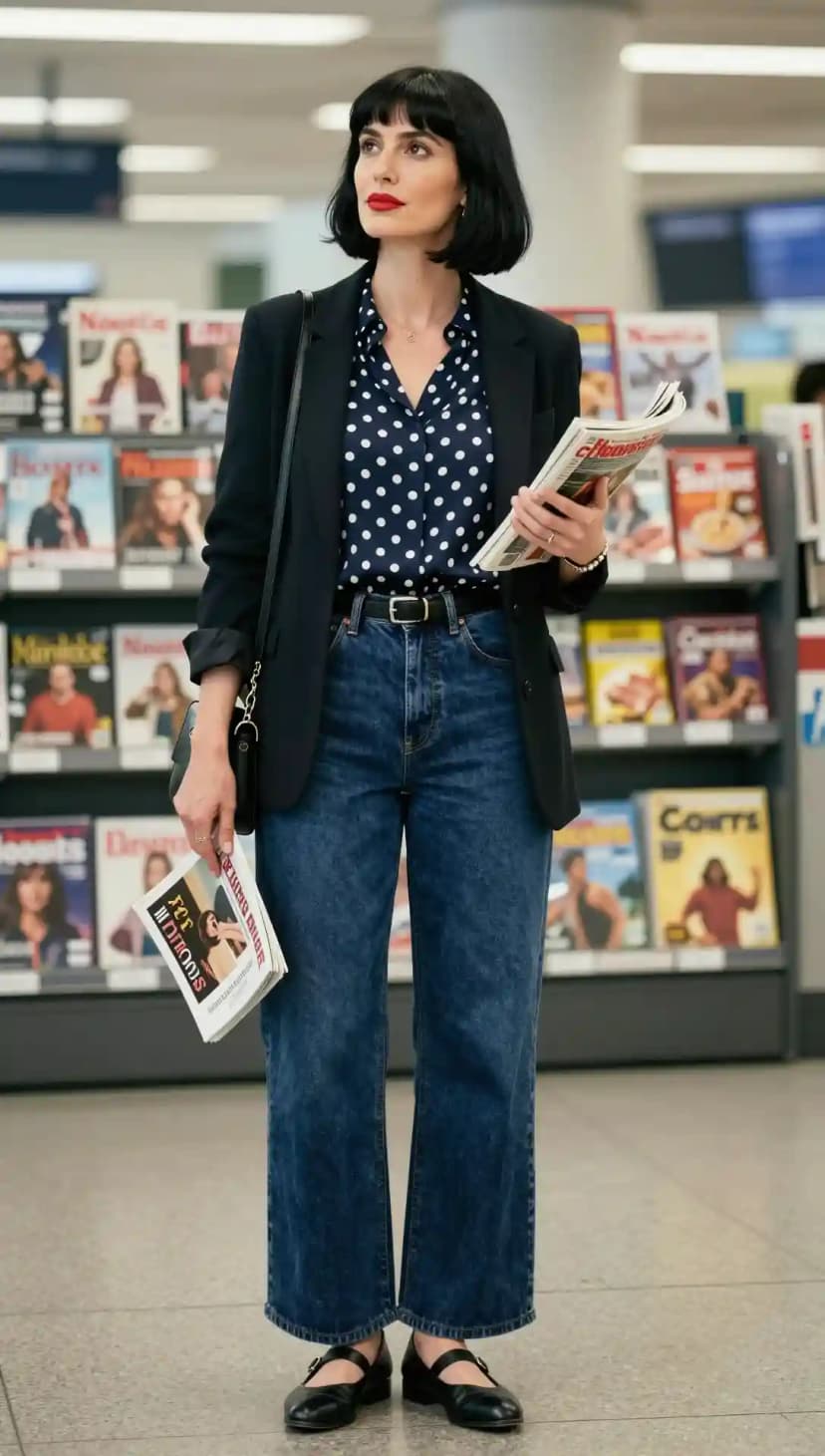 Navy Polka Dot Blouse + Black Blazer + Wide-Leg Jeans