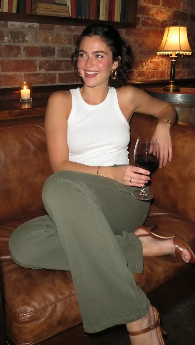 White Ribbed Tank Top + Olive Green Wide-Leg Pants + Brown Strappy Heels
