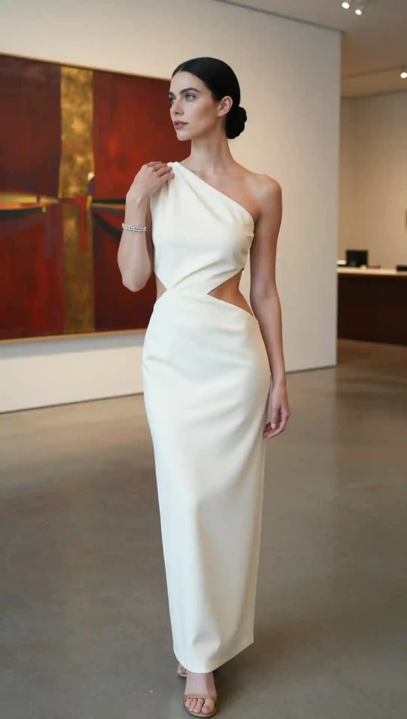 Cream One-Shoulder Cut-Out Maxi Dress + Tan Strappy Heels + Crystal Bracelet