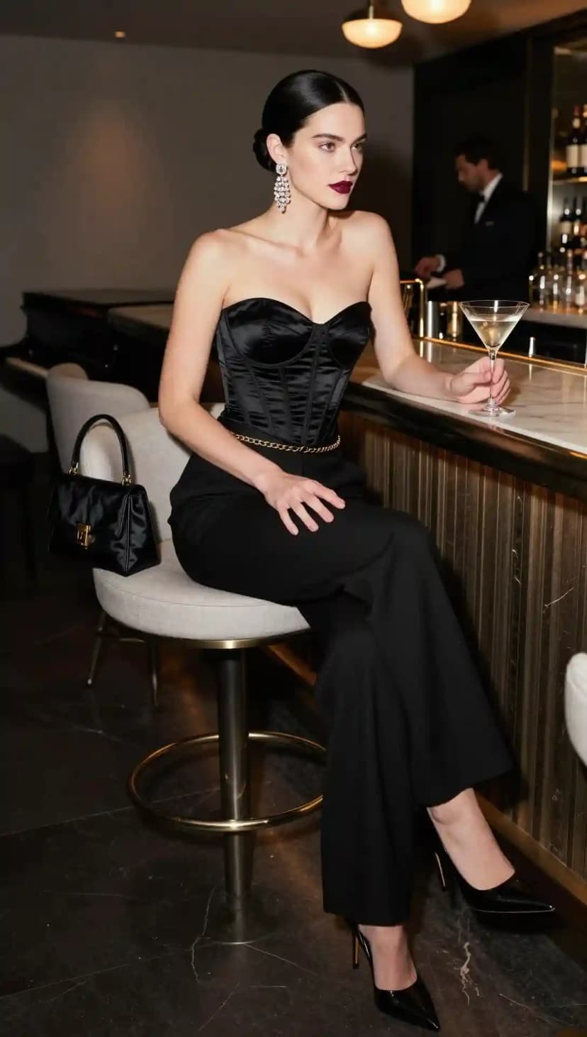 Black Satin Corset + Black Wide-Leg Trousers + Gold Chain Belt