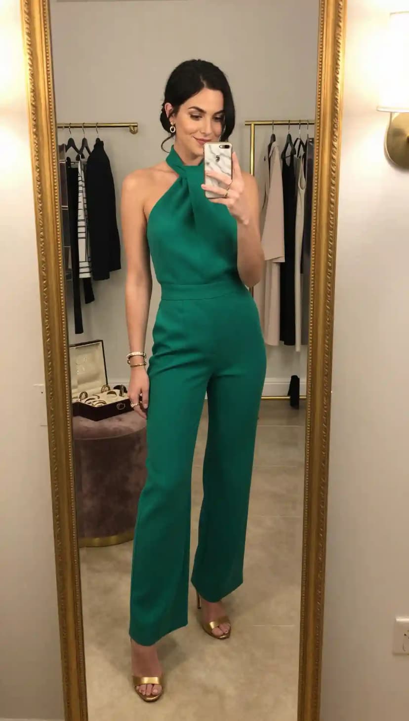 Emerald Green Halter Neck Jumpsuit + Gold Strappy Heels