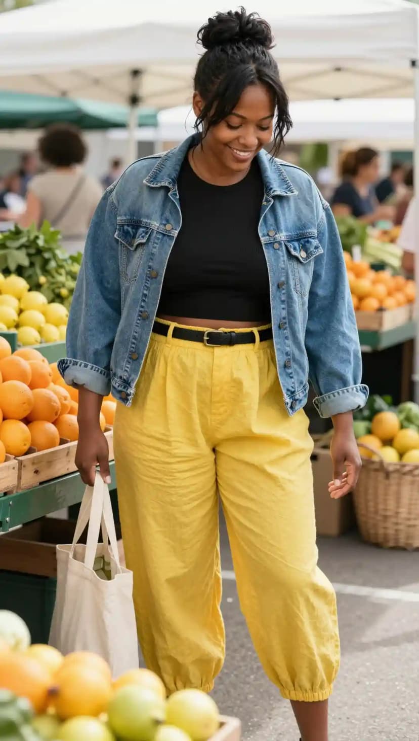 Blue Denim Jacket + Black Ribbed Crop Top + Yellow Cropped Pants + Black Belt + White Tote Bag