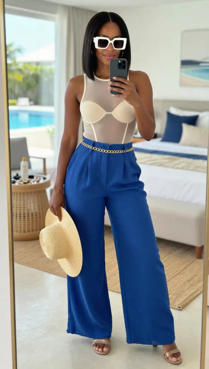 Sheer Bodysuit + Blue Wide-Leg Pants + Gold Chain Belt