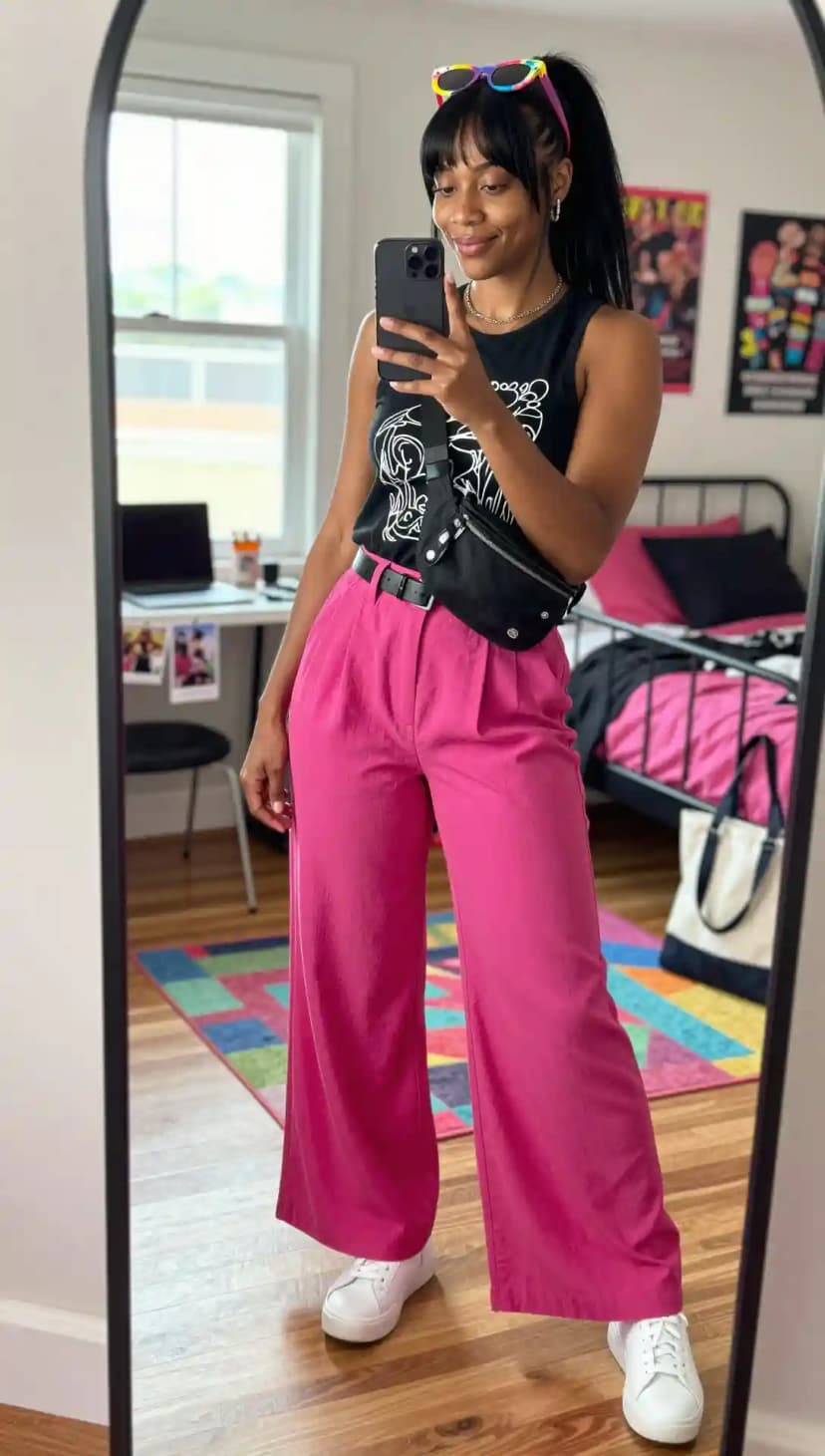 Black Graphic Tank Top + Bright Pink Wide-Leg Trousers + Black Belt + White Sneakers