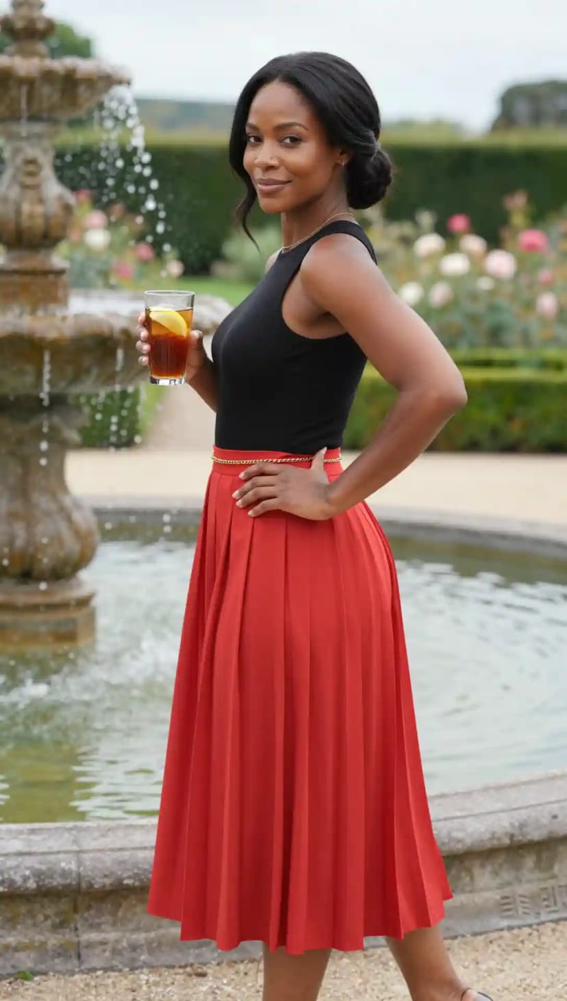 Black Ribbed Tank Top + Red Pleated Midi Skirt + Gold Chain Belt